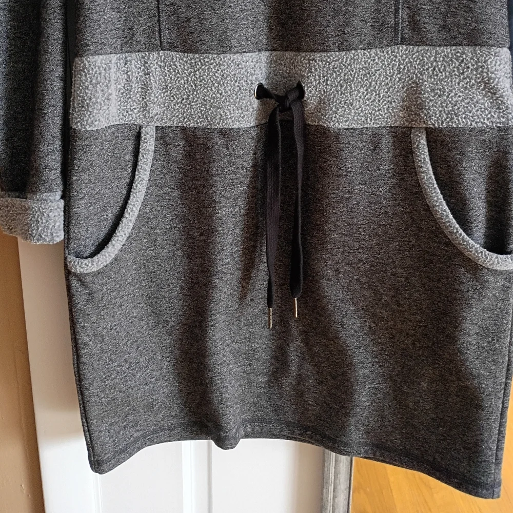Freedom Trail Gray Fleece Hooded Sweater Dress Cowl Neck Pockets P/S Knee Length - Picture 5 of 11